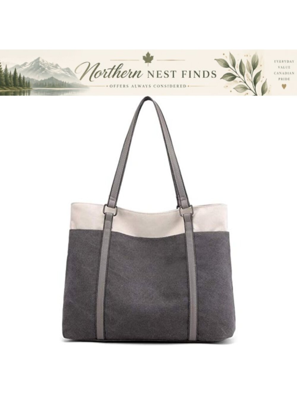 Large Canvas Tote Bag with PU Leather Handles, Multi Pocket Shoulder Purse for